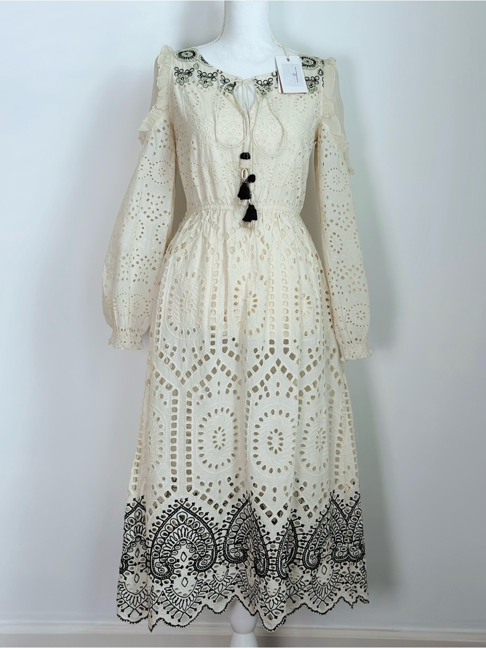 HEMANT & NANDITA Cream Eyelet Midi Dress with Black Embroidery Size S NWT